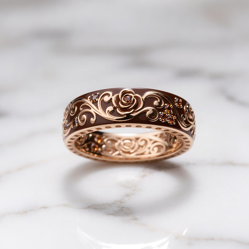 Sotiya Victorian Rococo Flower Enamel Round Cut Coffee Women's Wedding Ring Sterling Silver-Sotiya