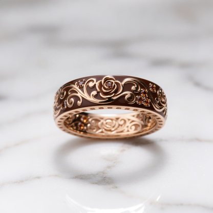 Sotiya Victorian Rococo Flower Enamel Round Cut Coffee Women's Wedding Ring Sterling Silver-Sotiya