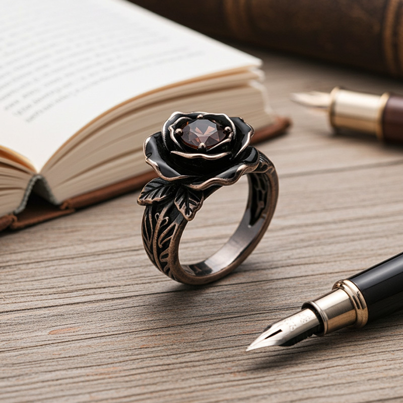 Sotiya Gothic Flower Black Enamel Round Cut Coffee Cocktail Ring Sterling Silver-Sotiya