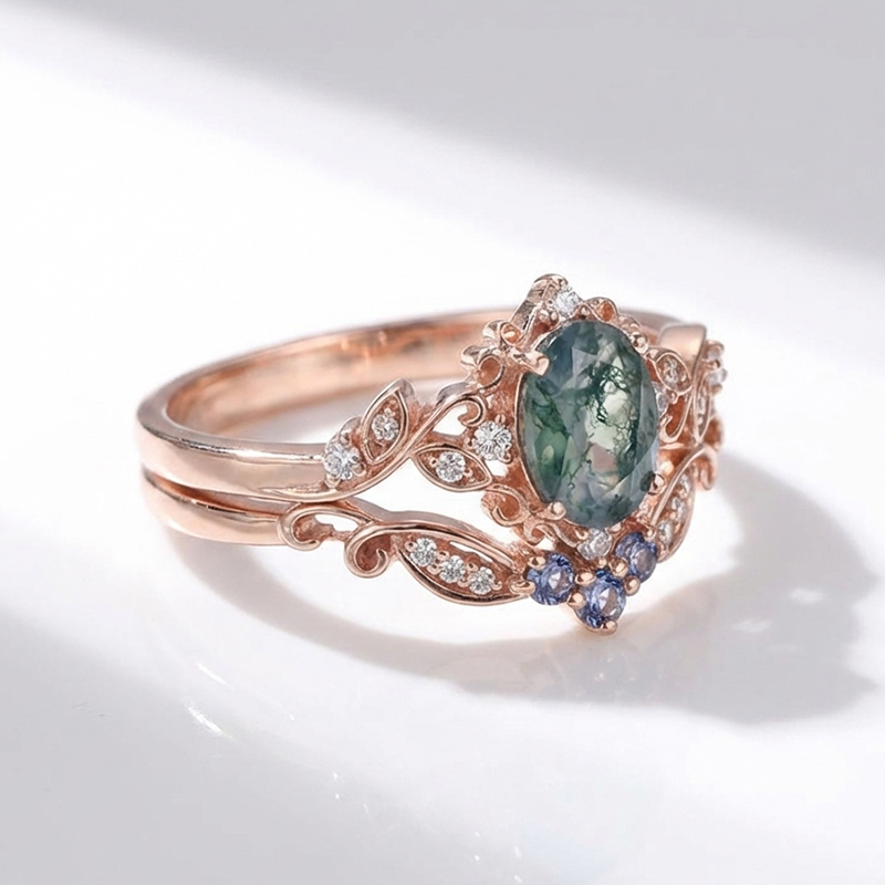 Sotiya Vintage Cornflower Moss Agate Oval Cut Wedding Bridal Ring Set Sterling Silver-Sotiya