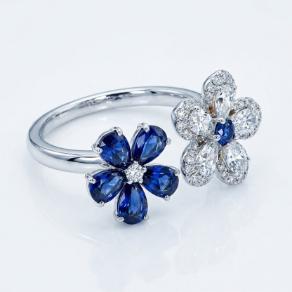 Sotiya Two Flower Lab Grown Blue Sapphire Pear Cut Cocktail Ring Sterling Silver