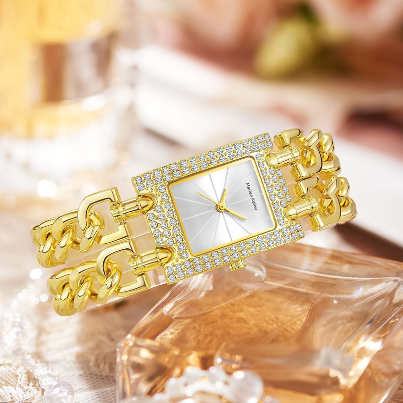 Sotiya Square Dial Quartz Movement Gold Watch with Chain Link Strap-Sotiya
