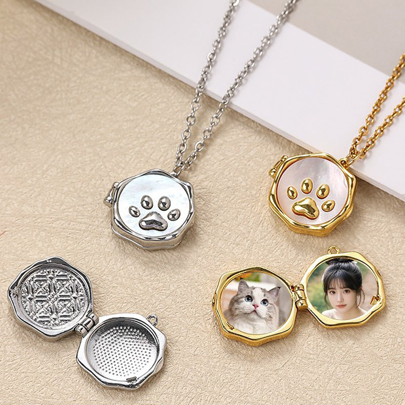 Sotiya Pet Cat Dog Puppy Paw Shell Personalized Photo Locket Necklace-Sotiya