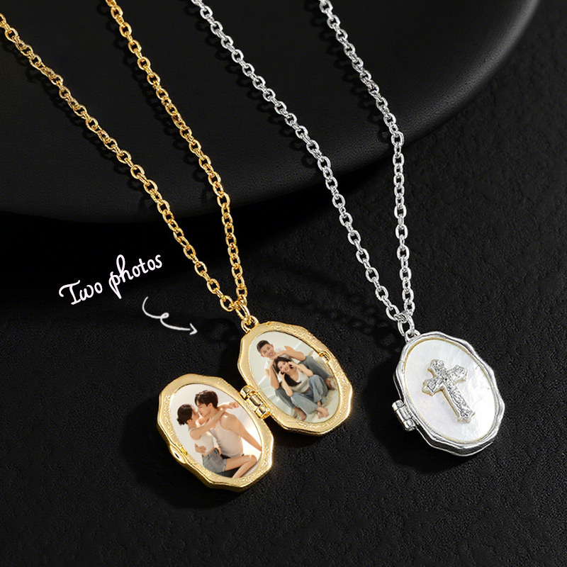 Sotiya Cross Faith Shell Personalized Photo Locket Necklace-Sotiya