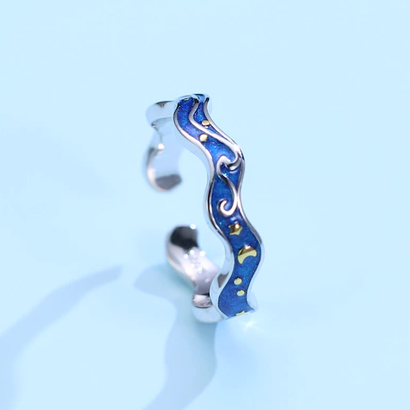 Sotiya Artist Collection Famous Painting Starry Night Inspired Enamel Open Ring Sterling Silver-Sotiya