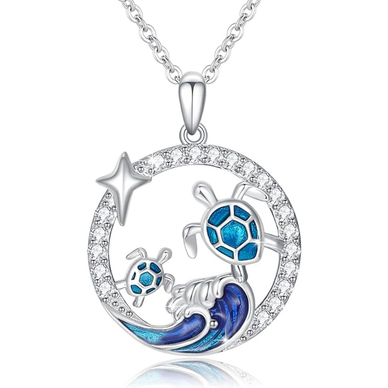 Sotiya Ocean Wave Turtle Round Pendant Necklace Sterling Silver-Sotiya