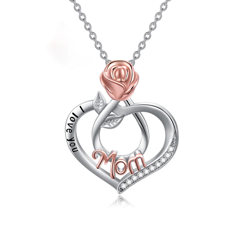 Sotiya Heart-shaped Mom Engraved Rose Pendant Necklace Sterling Silver-Sotiya