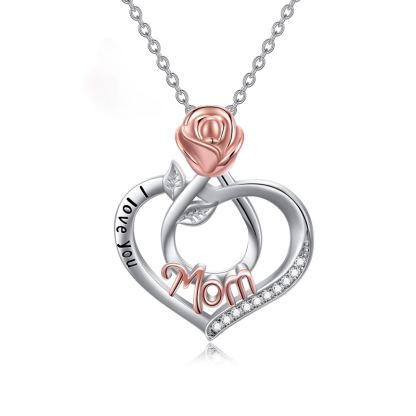 Sotiya Heart-shaped Mom Engraved Rose Pendant Necklace Sterling Silver-Sotiya