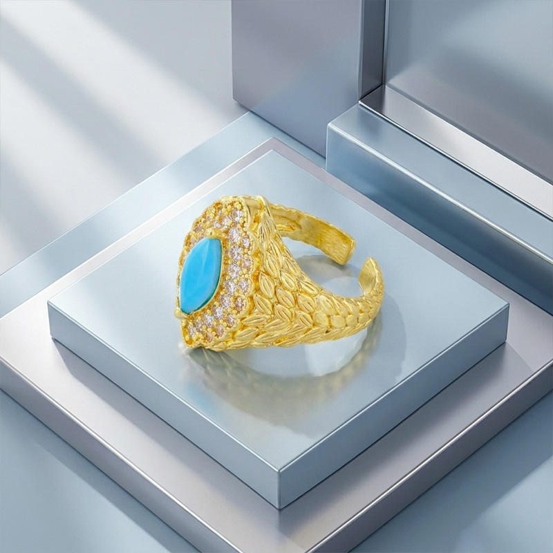 Sotiya Nature Inspired Leaf Halo Marquise Cut Turquoise Open Ring 18K/White Gold Plated