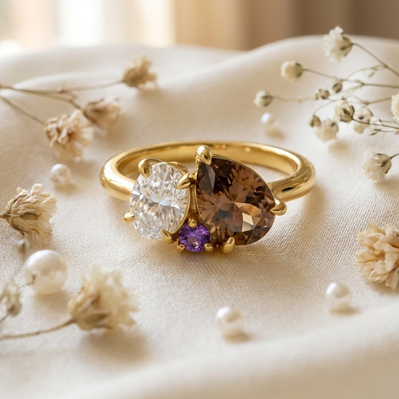 Sotiya Toi et Moi Oval and Pear Cut Coffee Cluster Ring Sterling Silver