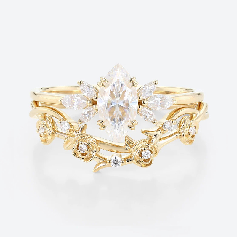 Sotiya Vintage Floral Marquise Cut Wedding Bridal Ring Set Sterling Silver-Sotiya