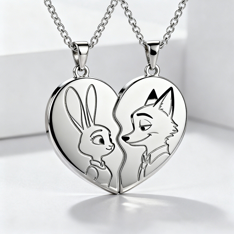 Animal City Bunny and Fox Inspired Couple Heart Necklace-Sotiya