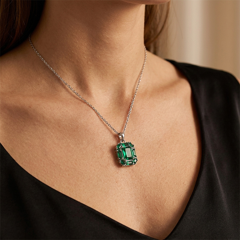 Sotiya Halo Radiant Cut Emerald Green Necklace Sterling Silver