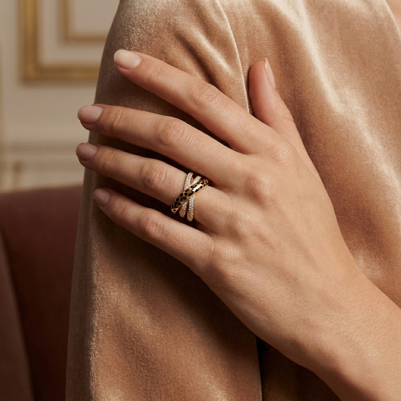 Sotiya Cross Leopard Print Coffee Enamel Ring Sterling Silver-Sotiya