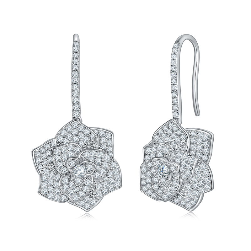 Sotiya Rose Flower Round Cut Moissanite Drop Earrings Sterling Silver-Sotiya