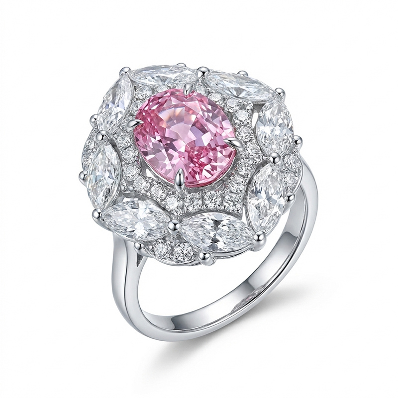 Sotiya Unique Two Halo Lab Grown Synthetic Morganite Oval Cut Engagement Ring Sterling Silver