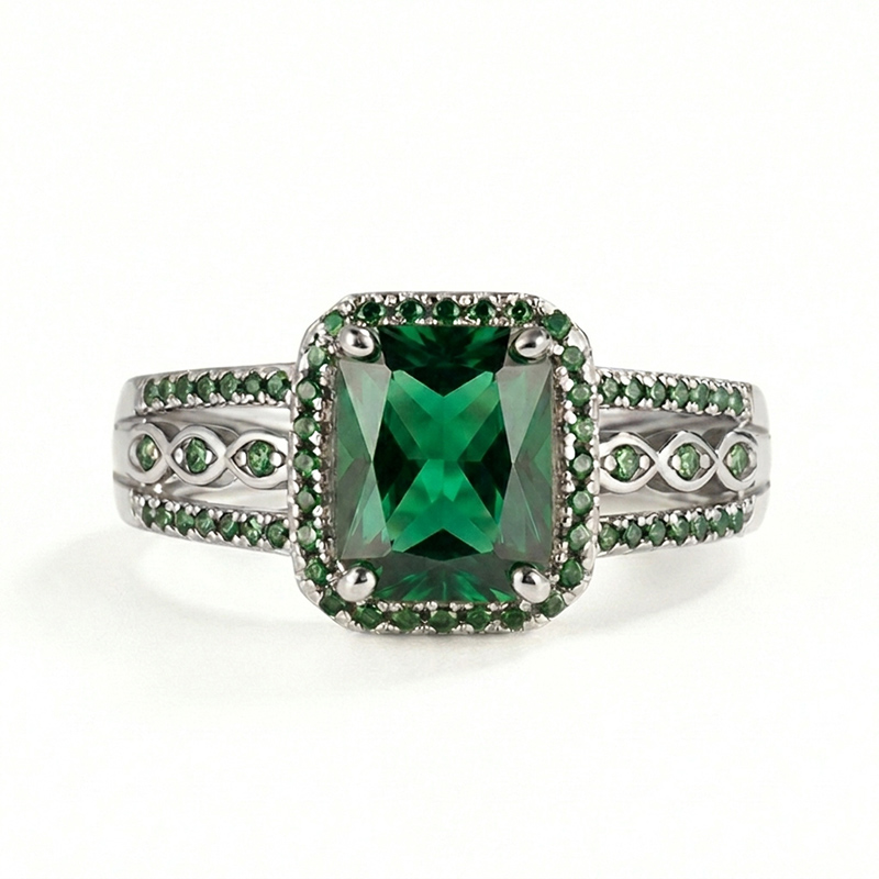 Sotiya Halo Radiant Cut Emerald Green Engagement Ring Sterling Silver