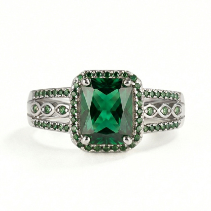 Sotiya Halo Radiant Cut Emerald Green Engagement Ring Sterling Silver