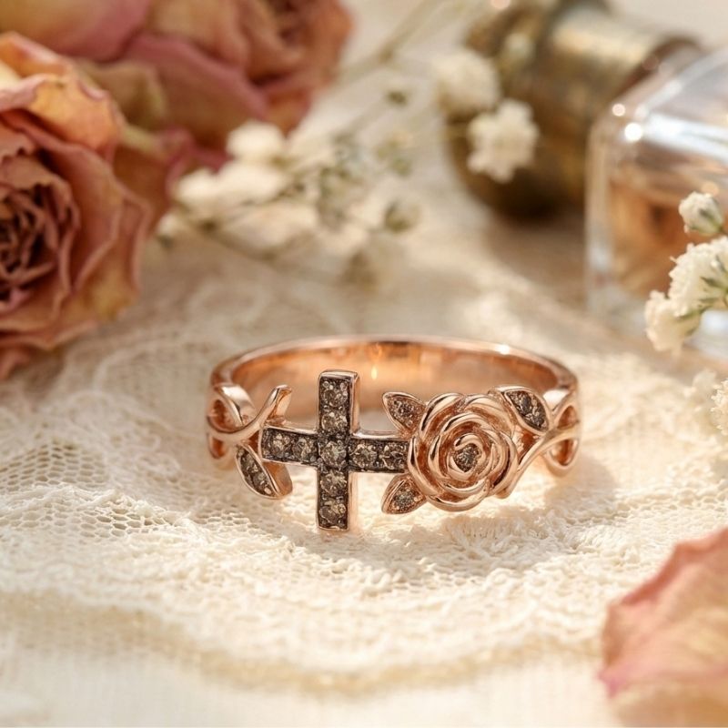 Sotiya Rose Design Faith Cross Coffee Cocktail Ring Sterling Silver-Sotiya