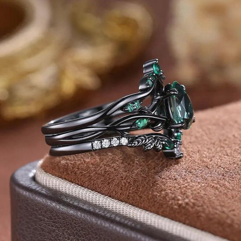 Sotiya 3PC Nature Inspired Pear Cut Green Moss Agate Wedding Bridal Ring Set Sterling Silver-Sotiya