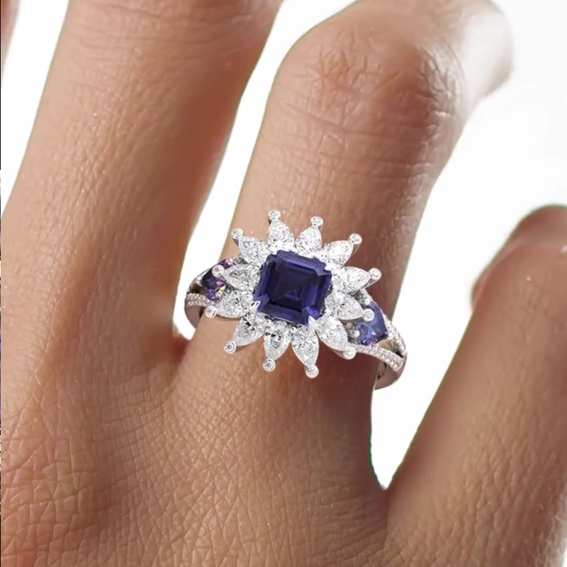 Sotiya Halo Asscher Cut Sidestones Engagement Ring Sterling Silver-Sotiya