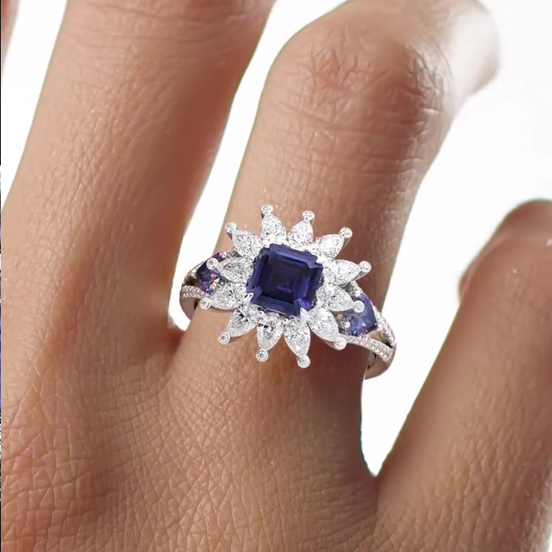 Sotiya Halo Asscher Cut Sidestones Engagement Ring Sterling Silver-Sotiya