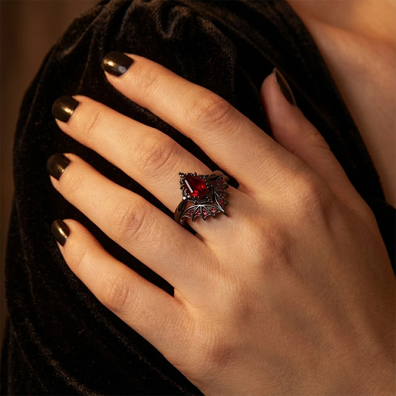 Sotiya Vintage Gothic Bat Coffin Cut Wedding Bridal Ring Set Sterling Silver-Sotiya