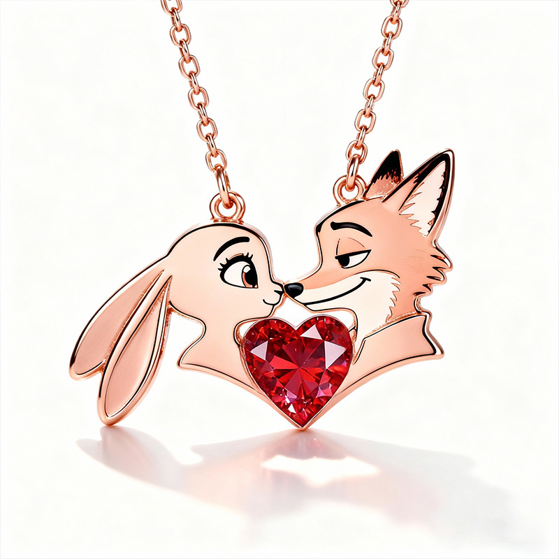 Animal City Bunny and Fox Inspired Hug Heart Couple  Necklace-Sotiya
