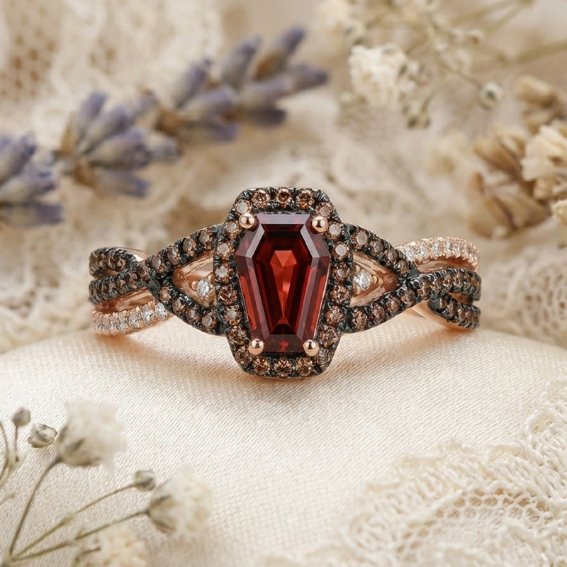 Sotiya Halo Coffin Cut Coffee Twist Shank Engagement Ring Sterling Silver-Sotiya