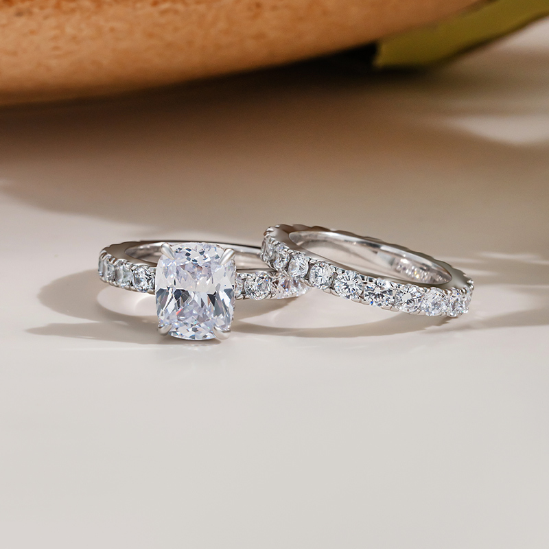 Sotiya Side Stones Fat Oblong Cut Wedding Bridal Ring Set Sterling Silver-Sotiya