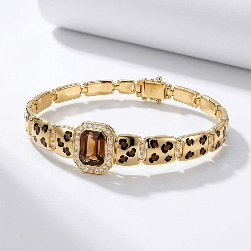 Sotiya Leopard Print Enamel Emerald Cut Coffee Gemstone Halo Link Bracelet