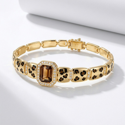 Sotiya Leopard Print Enamel Emerald Cut Coffee Gemstone Halo Link Bracelet