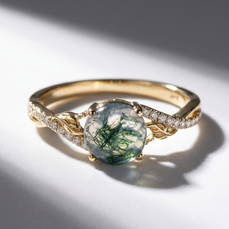 Sotiya Leaf Twist Green Moss Agate Round Cut Engagement Ring Sterling Silver-Sotiya