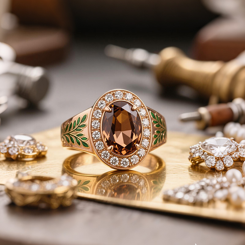 Sotiya Victorian Bay Leaf Enamel Halo Oval Cut Coffee Engagement Ring Sterling Silver-Sotiya