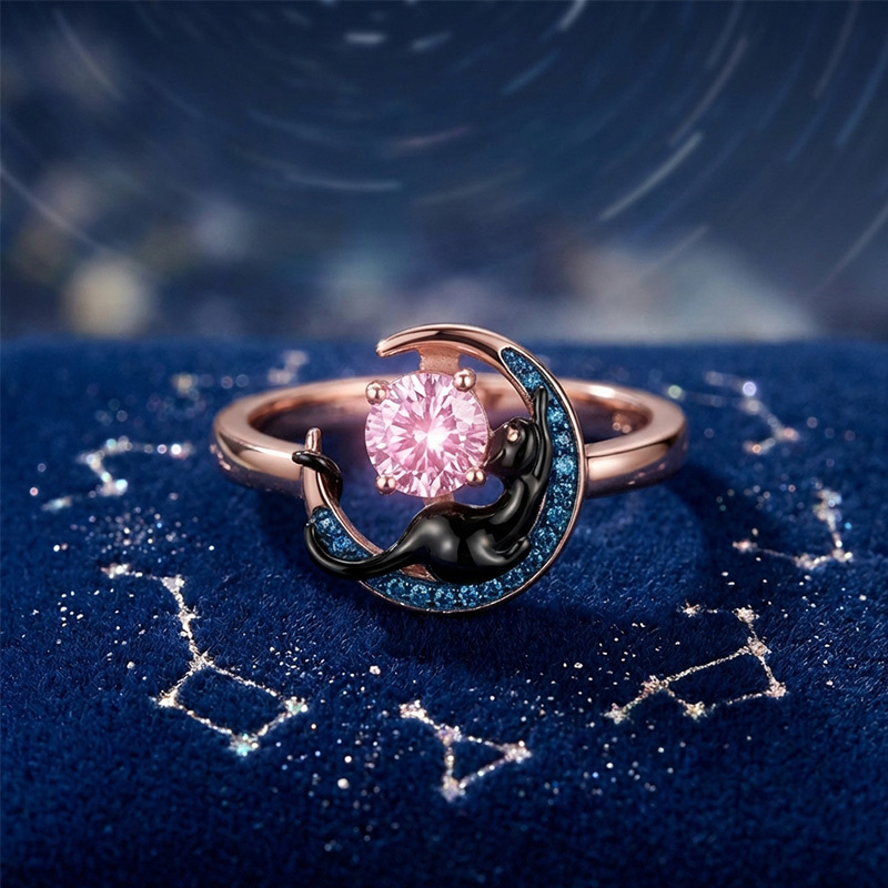 Sotiya 12 Birthstones Crescent Moon & Black Cat Round Cut Ring Sterling Silver-Sotiya
