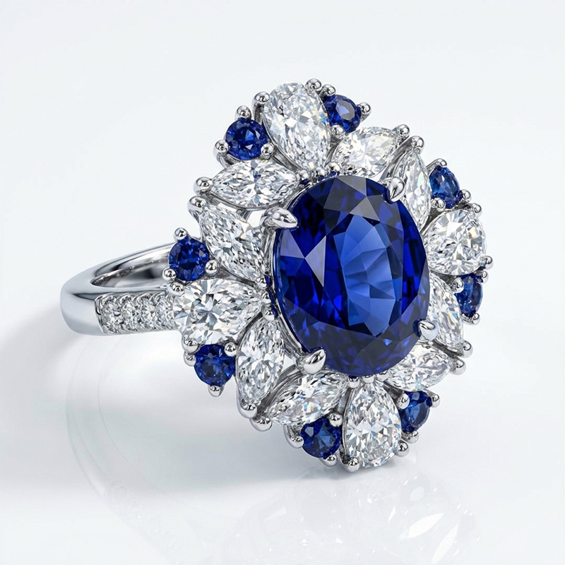 Sotiya Halo Lab Grown Blue Sapphire Oval Cut Engagement Ring Sterling Silver