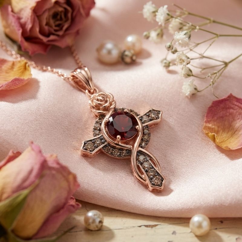 Sotiya Rose Design Faith Cross Coffee Round Cut Necklace Sterling Silver-Sotiya