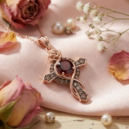 Sotiya Rose Design Faith Cross Coffee Round Cut Necklace Sterling Silver-Sotiya