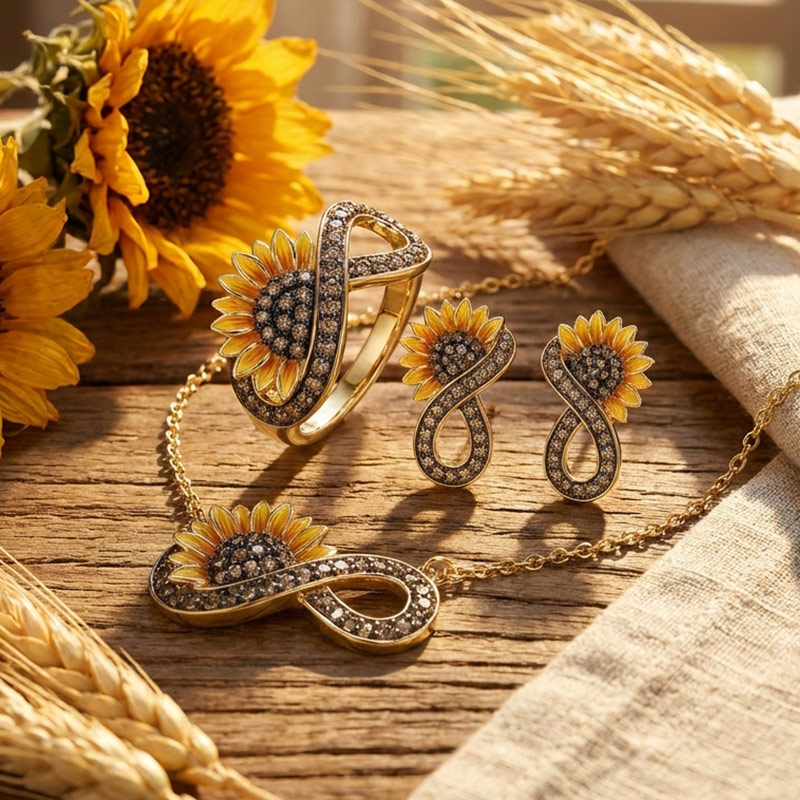 Sotiya Artist Collection Coffee Sunflower Infinity Enamel Jewelry Set Sterling Silver-Sotiya