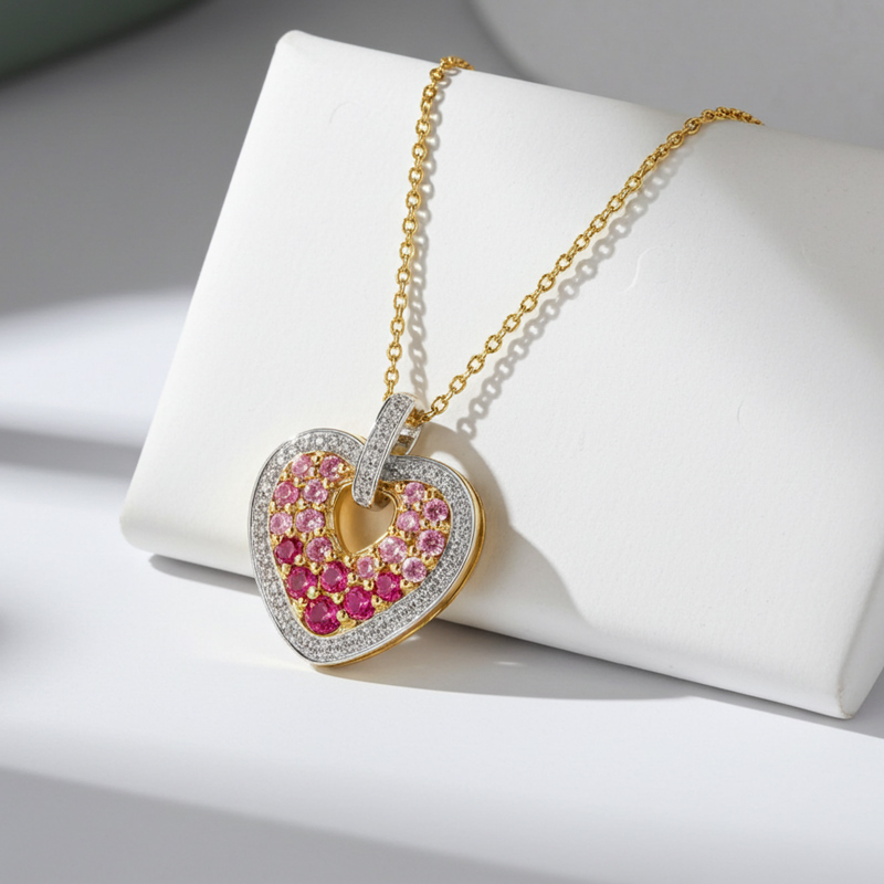 Sotiya Gradient Hot Pink Round Cut Halo Heart Necklace Sterling Silver