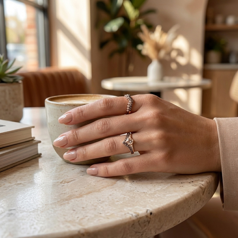 Sotiya V-shaped Synthetic Morganite Round Cut Coffee Women's Wedding Ring Band Sterling Silver-Sotiya