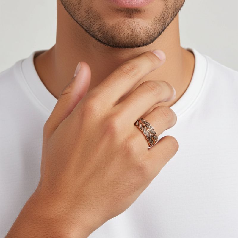 Sotiya Feather Design Unisex Coffee Chevron Band Ring Sterling Silver-Sotiya