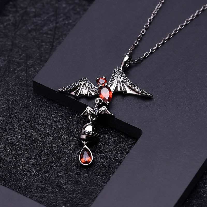 Sotiya Natural Gemstone Garnet Bat Design Necklace Sterling Silver-Sotiya