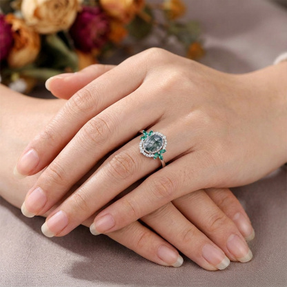 Sotiya Art Deco Moss Agate Oval Cut Engagement Ring Sterling Silver-Sotiya