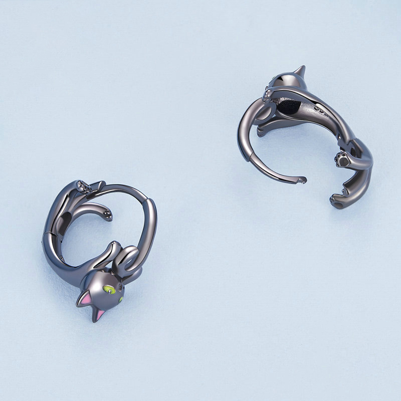 Sotiya Cute Black Cat Hoop Earrings Sterling Silver-Sotiya