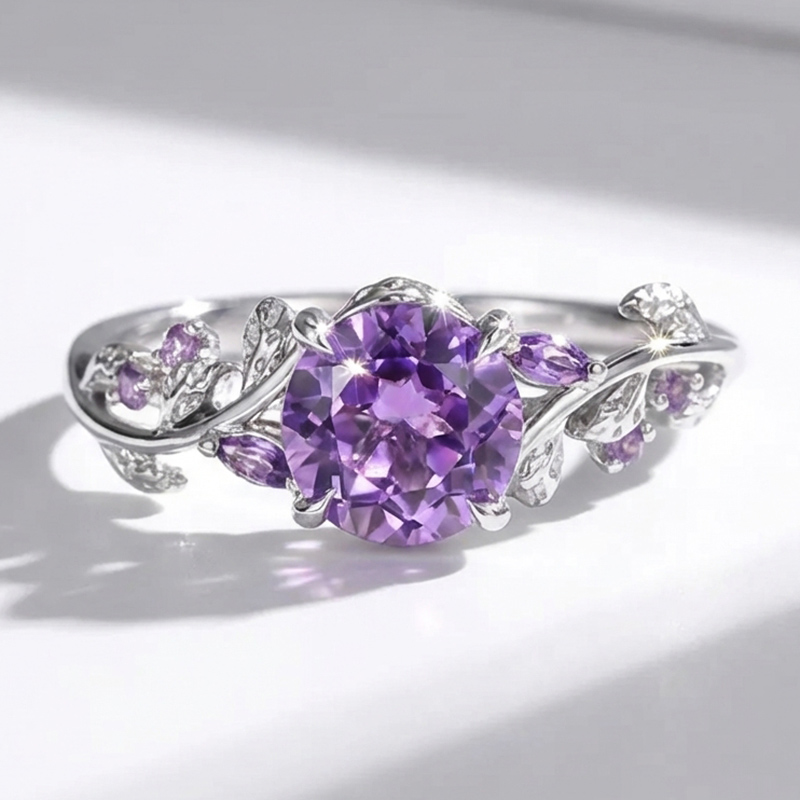 Sotiya Nature Inspired Leaf Round Cut Amethyst Engagement Ring Sterling Silver-Sotiya