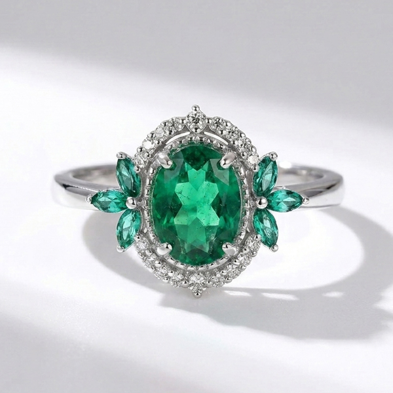 Sotiya Art Deco Emerald Green Oval Cut Engagement Ring Sterling Silver