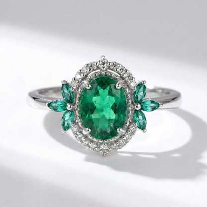 Sotiya Art Deco Emerald Green Oval Cut Engagement Ring Sterling Silver