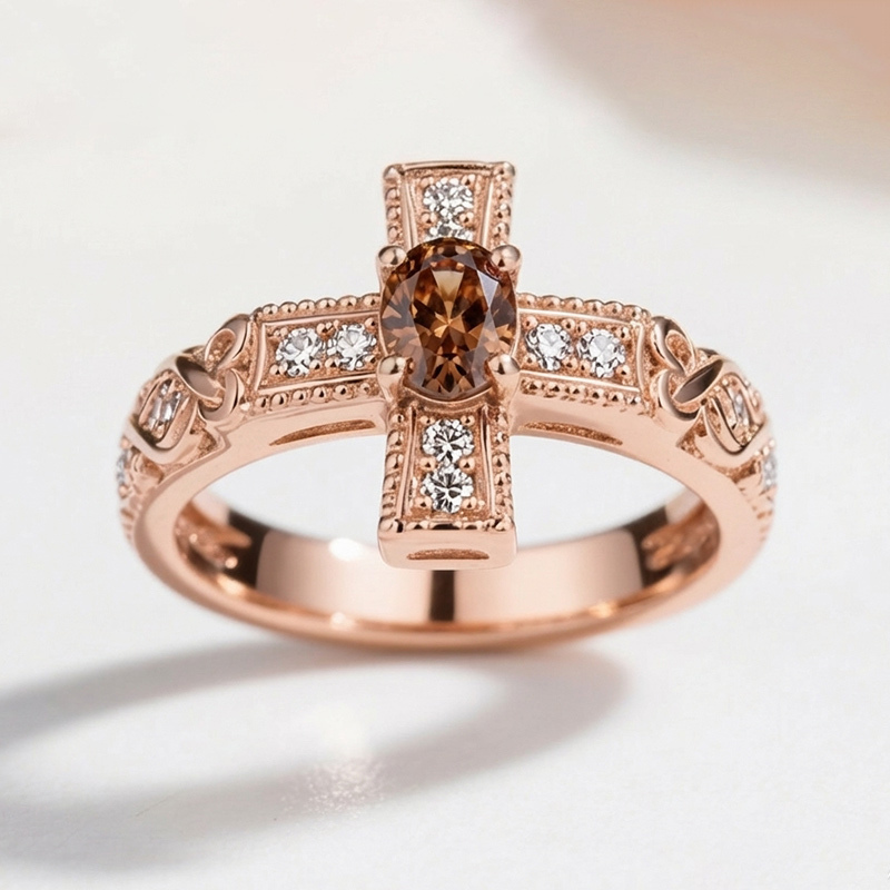 Sotiya Heart Faith Cross Coffee Oval Cut Cocktail Ring Sterling Silver-Sotiya