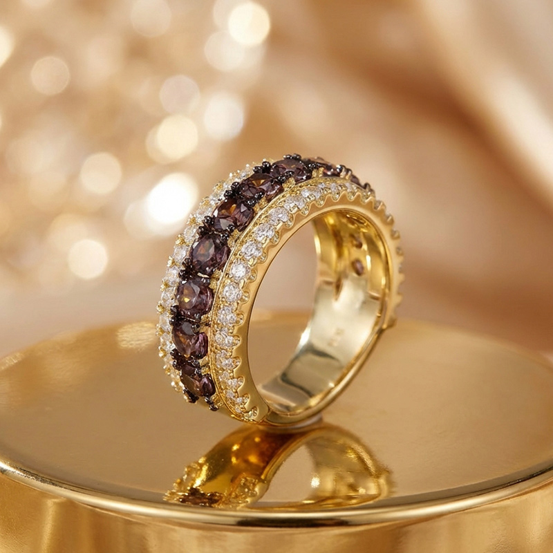 Sotiya Three-Row Round Cut Coffee Women's Wedding Ring Sterling Silver